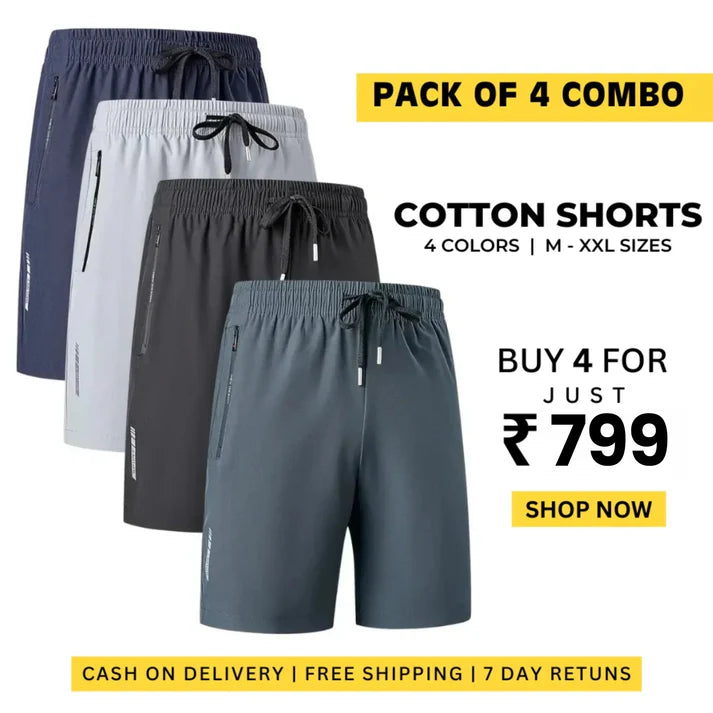 Combo of 4 Men's Stretchable Cotton Shorts for summers ☀️(₹199/piece)